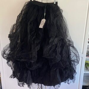 Black Tulle Ruffle Midi Skirt
